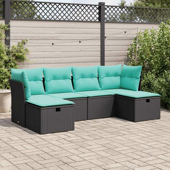 Salon de jardin 6 pcs avec coussins noir résine tressée