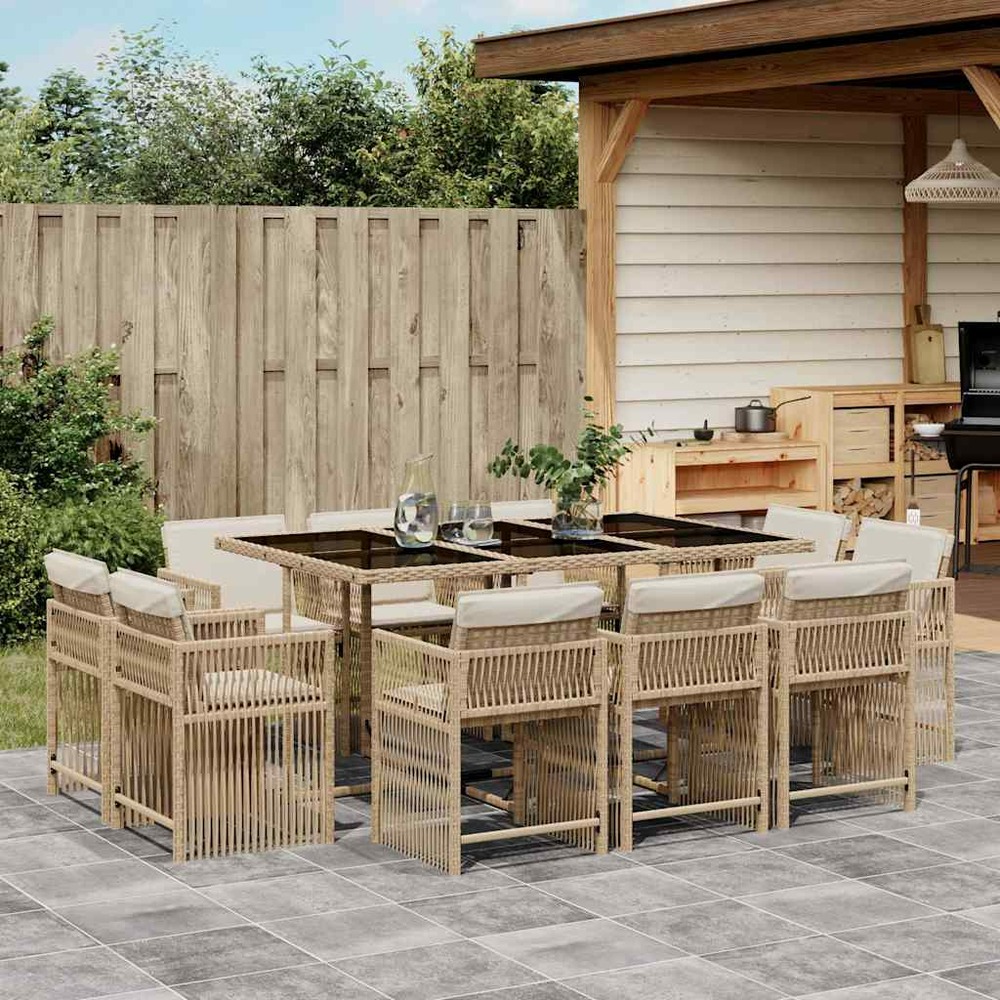 Ensemble à manger de jardin et coussins 11 pcs beige poly rotin