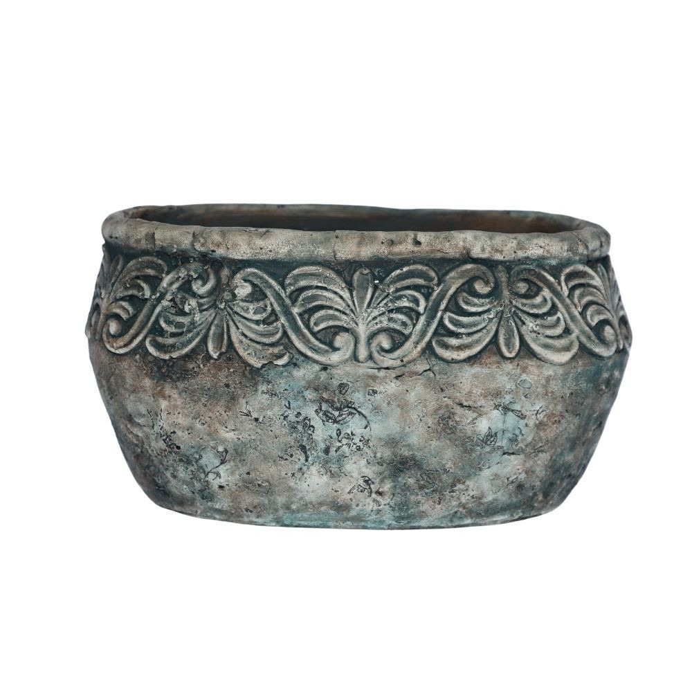 Jardinière ovale en ciment vieilli bleuté l.19 x l.11 x ht.11cm
