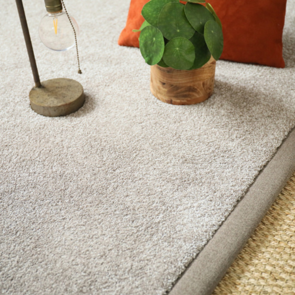 Tapis doux poils longs - touch grège clair - ganse marron glacé - 160 x 230 cm