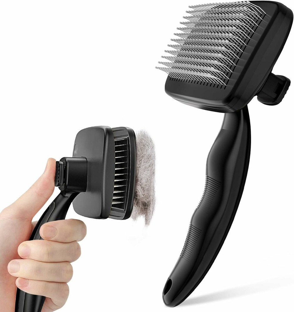 Brosse auto-nettoyante pour chat et chien – aiguilles acier 135° noir rose