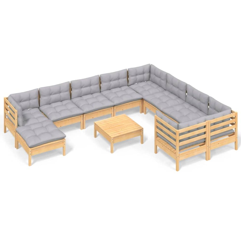 Salon de jardin 11 pcs avec coussins gris bois de pin