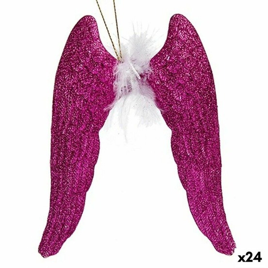 Décorations de noël ailes d'ange fuchsia plastique paillettes 12,5 x 15 x 2,5 cm (24 unités)