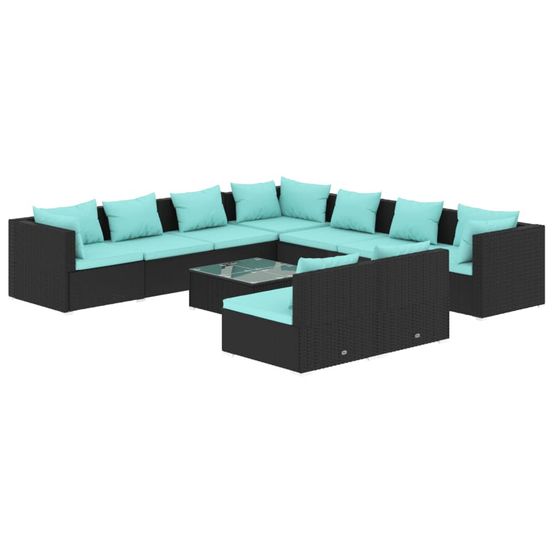 Salon de jardin 10 pcs avec coussins noir résine tressée