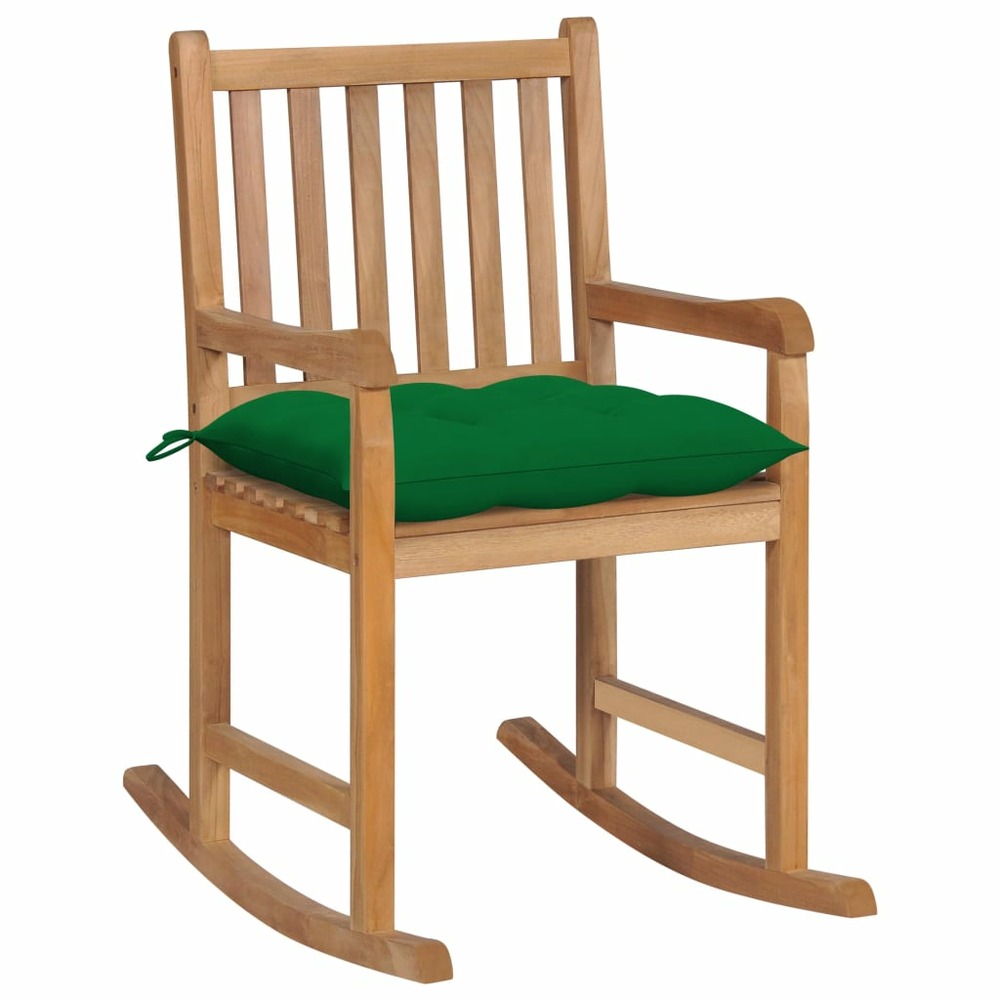 Chaise à bascule avec coussin vert bois de teck solide