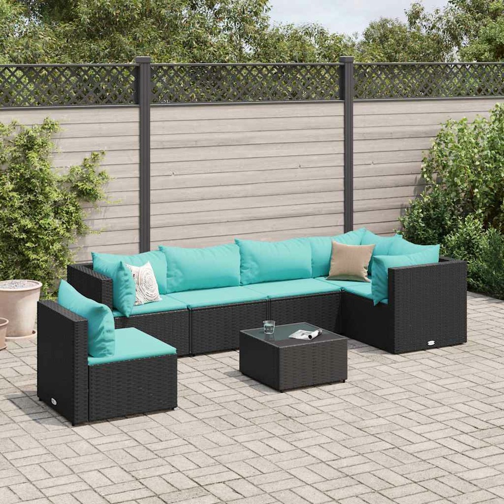 Salon de jardin 7 pcs avec coussins noir résine tressée