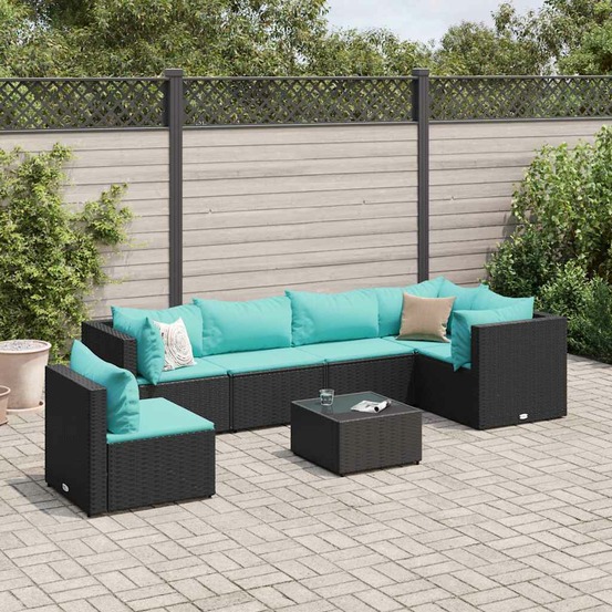 Salon de jardin 7 pcs avec coussins noir résine tressée