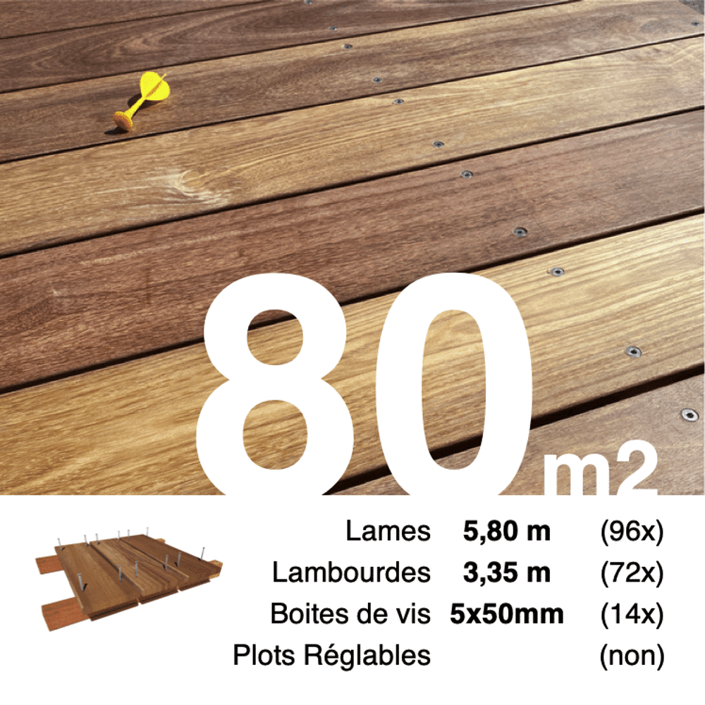 Kit terrasse bois exotique cumaru pour 80 m², lames 5,8 m, lambourdes 3,35 m et visserie inox.