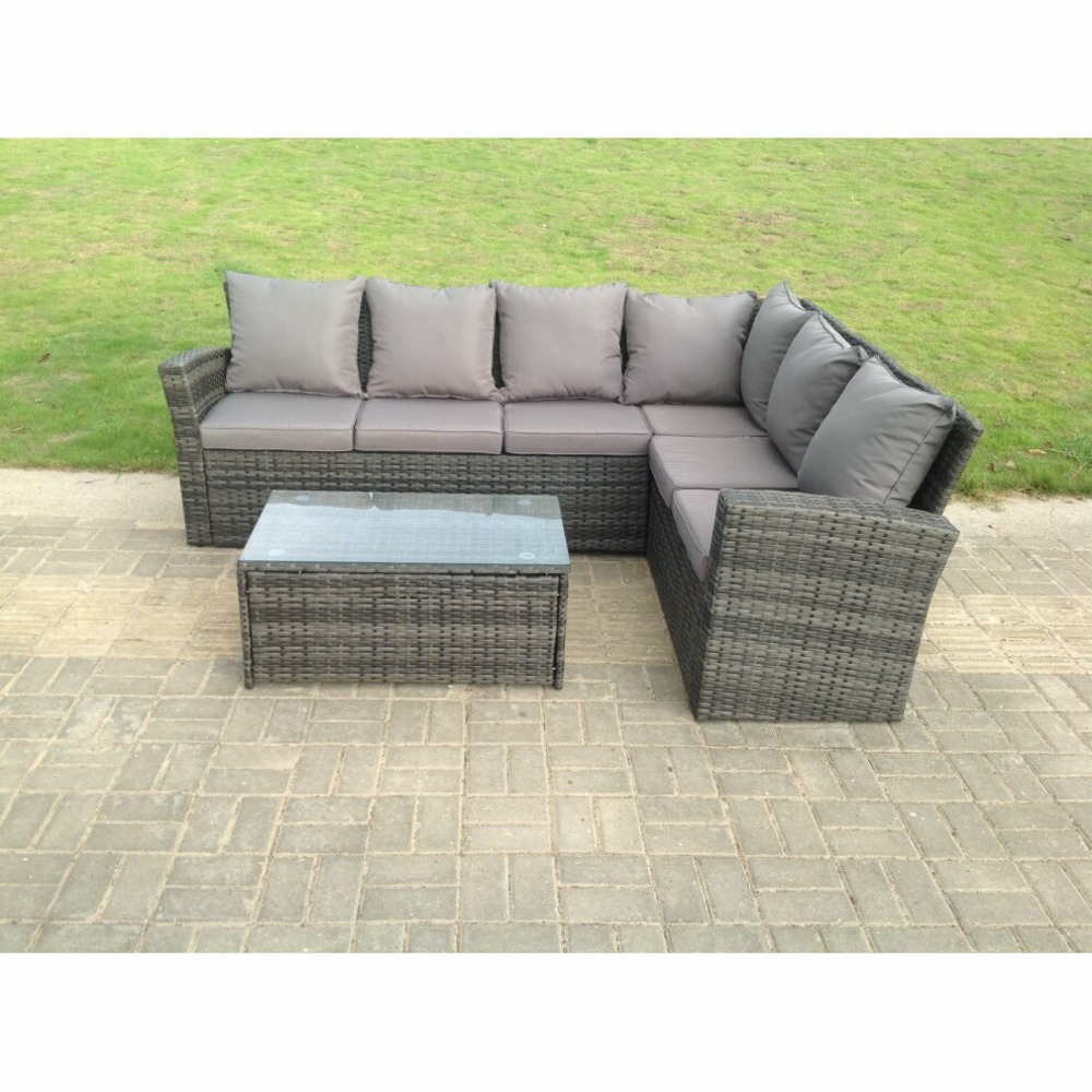 High back rotin corner sofa set table basse allongée mobilier d'extérieur gris foncé option droite