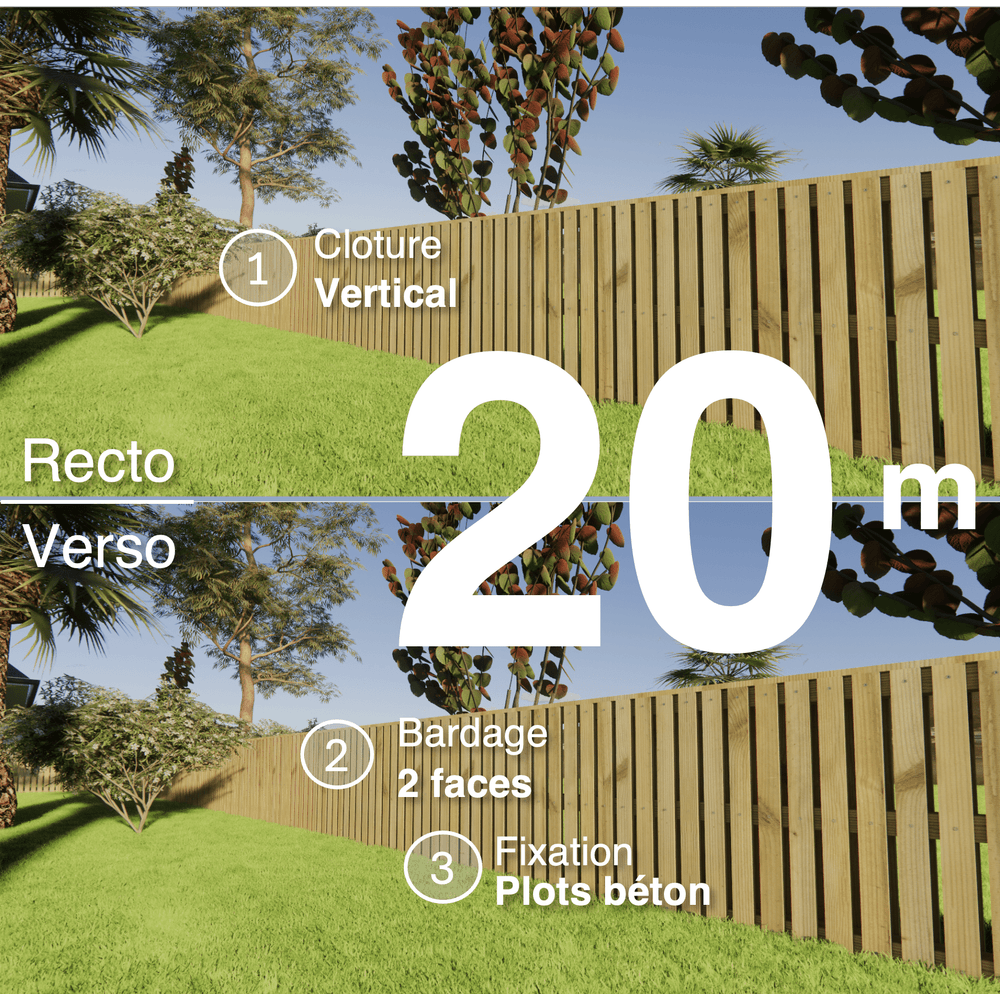 Kit clôture bois moderne 20m – h 0,9m – 20 x 60 mm autoclave vert – pose vertical – double face – à sceller