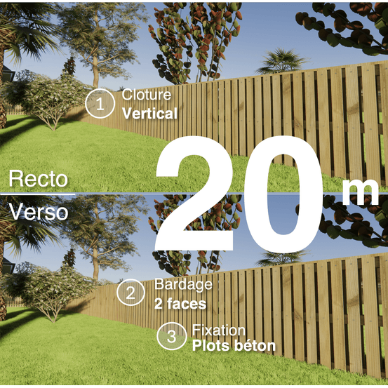 Kit clôture bois moderne 20m – h 0,9m – 20 x 60 mm autoclave vert – pose vertical – double face – à sceller