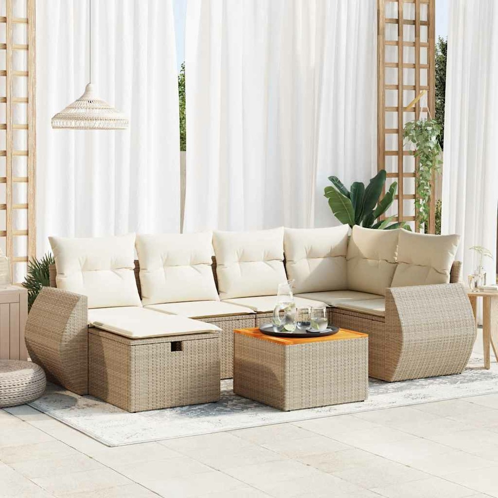 Salon de jardin avec coussins 7 pcs beige résine tressée