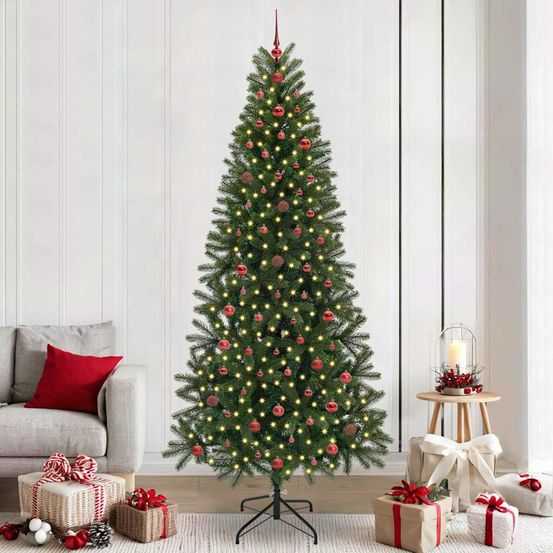Grand sapin artificiel 240 cm prêt à poser, kit complet avec led et cimier