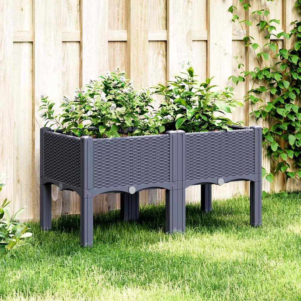 Jardinière sur pieds pp aspect rotin pour balcon terrasse 80x40x42 cm bleu gris