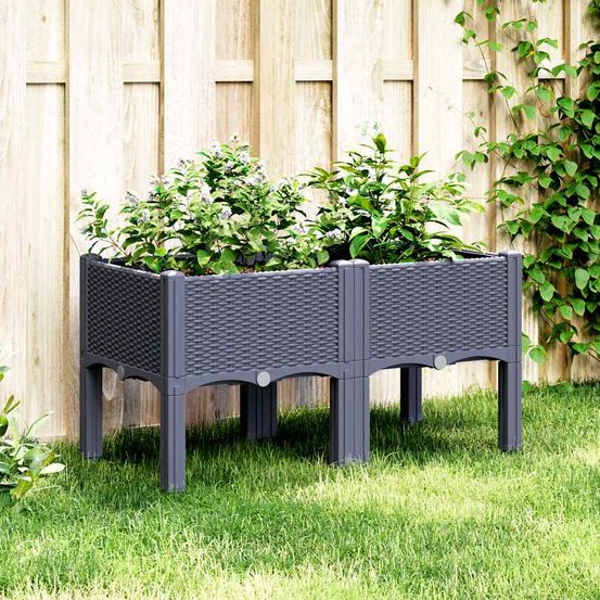 Jardinière sur pieds pp aspect rotin pour balcon terrasse 80x40x42 cm bleu gris