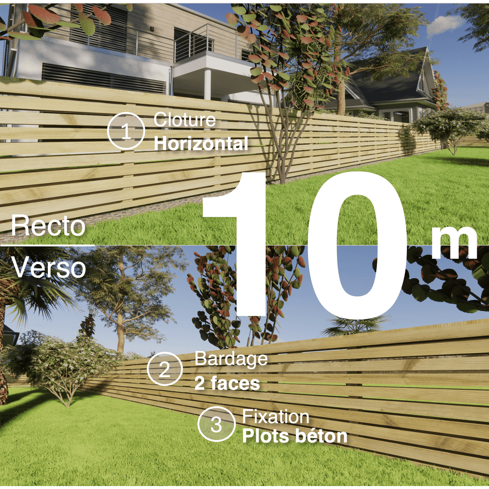 Kit clôture bois moderne 10m – h 0,9m – 20 x 60 mm autoclave vert – pose horizontal – double face – à sceller
