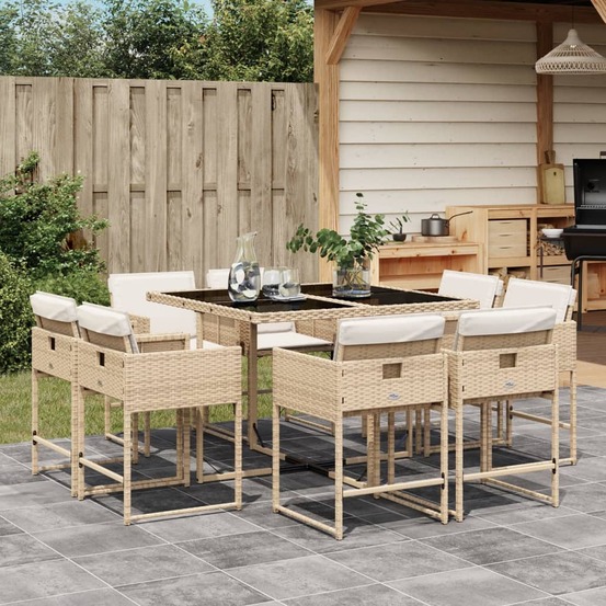 Ensemble à manger de jardin et coussins 9 pcs beige poly rotin