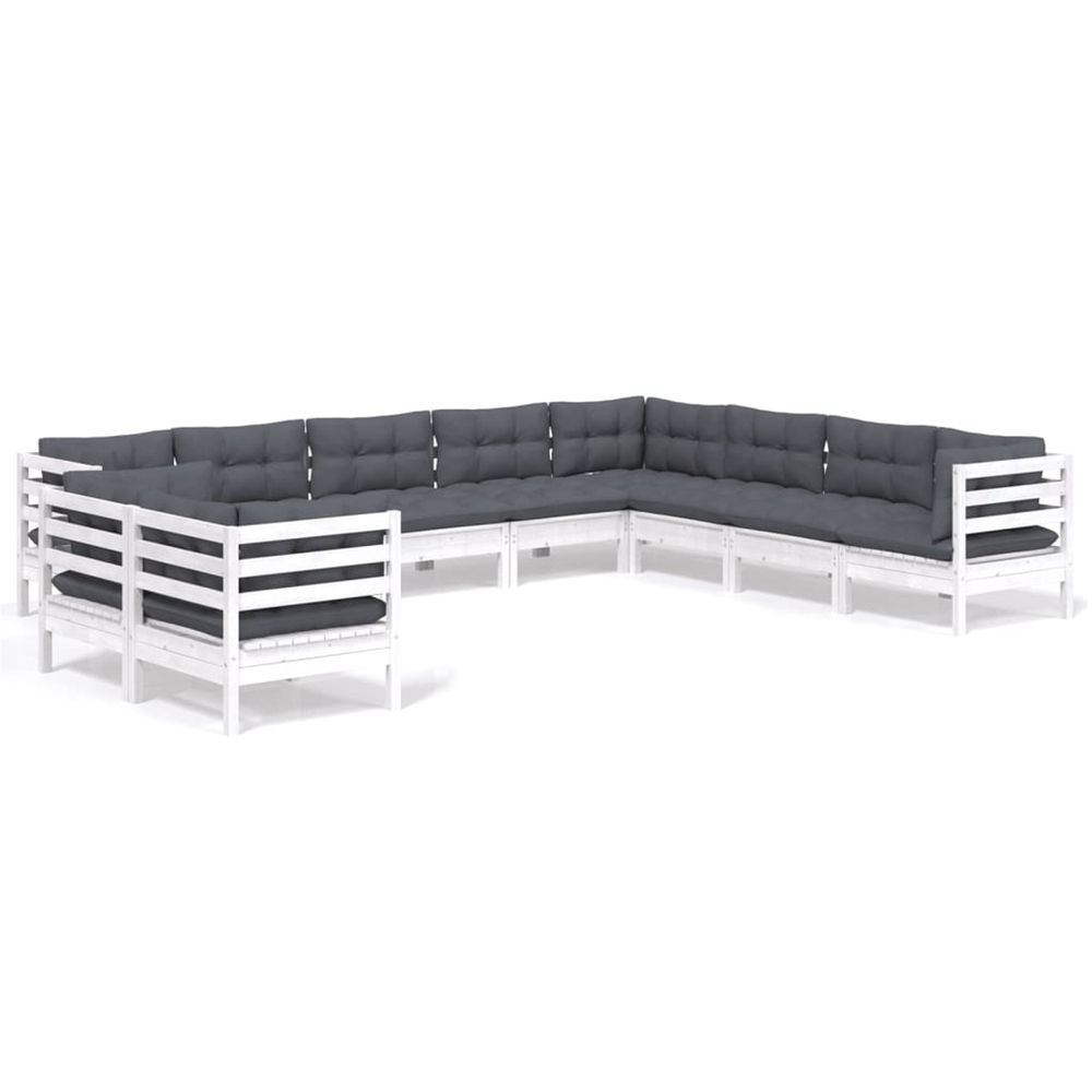 Salon de jardin 10 pcs avec coussins blanc bois de pin massif
