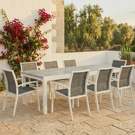 Ensemble modulo 8/12p en aluminium blanc et verre décors bois avec 8 fauteuils en textilène