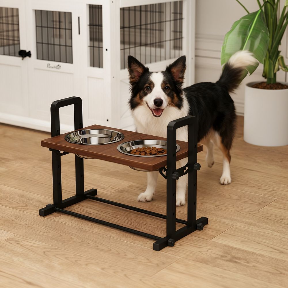 Gamelle surélevée chien inox et bois brun 2 x 1,2 l hauteur et inclinaison réglables pour repas confortables