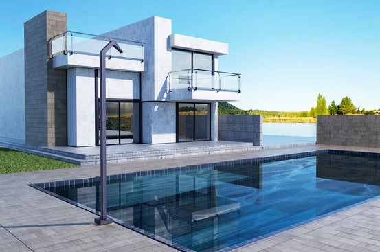 Douche de piscine bleue en acier inoxydable 316 avec diffuseur a cascade