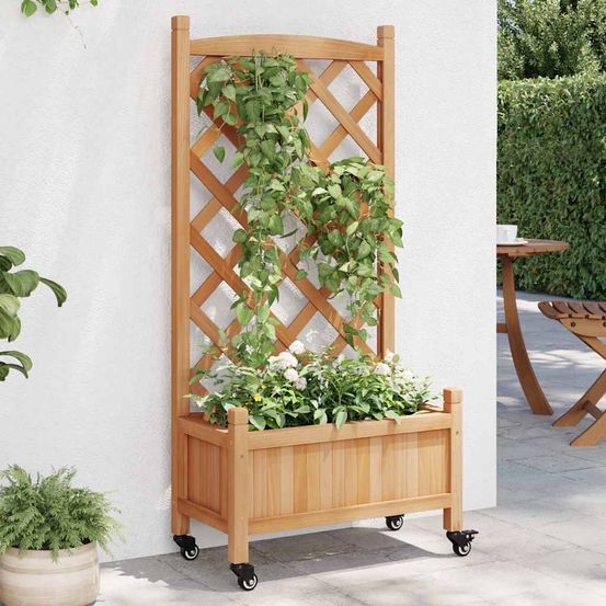 Bac de culture sur roues avec grille pour grimpantes – bois de sapin massif résistant et stable – 55cm brun