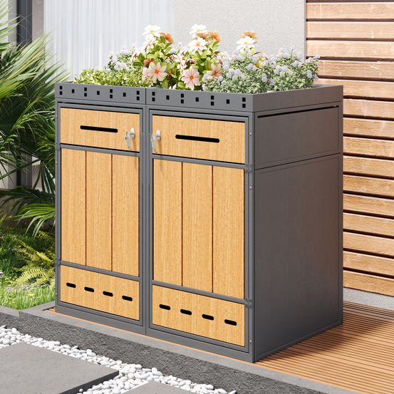 Cache-poubelle double acier extérieur avec toit jardinière 120-240l gris bois - comfortxl outdoor living