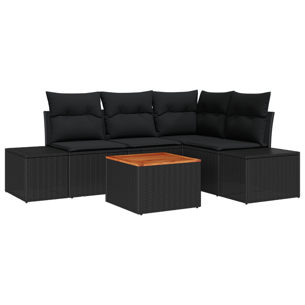Canapé de jardin 5 pièces avec coussins noir poly rattan acacia