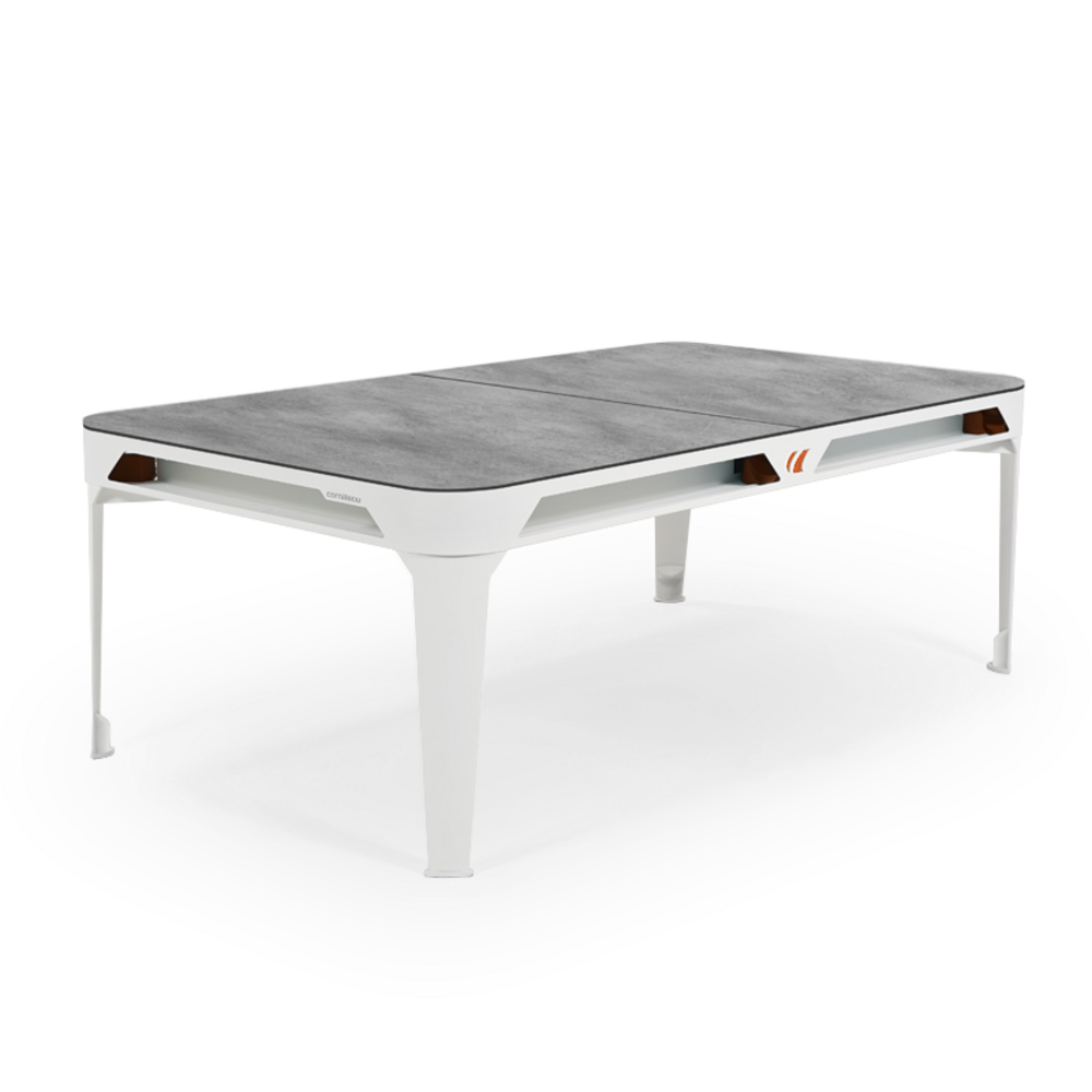 Billard d'extérieur convertible hyphen outdoor blanc / tapis gris clair / réceptacles : terra cotta / plateaux : décor minéral