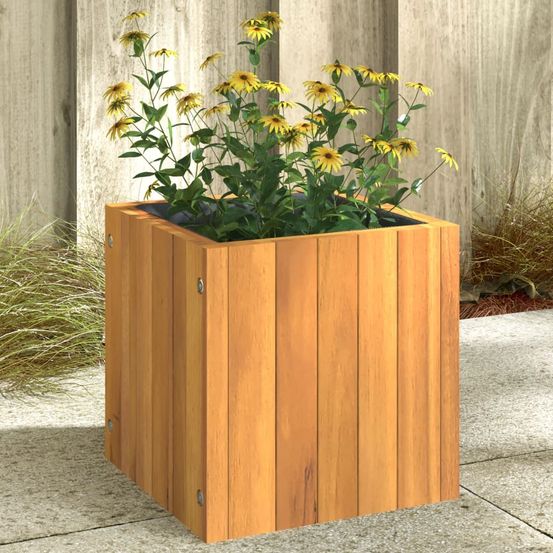 Jardinière carrée bois d'acacia massif pot de fleurs intérieur extérieur avec sac 25x25x25cm