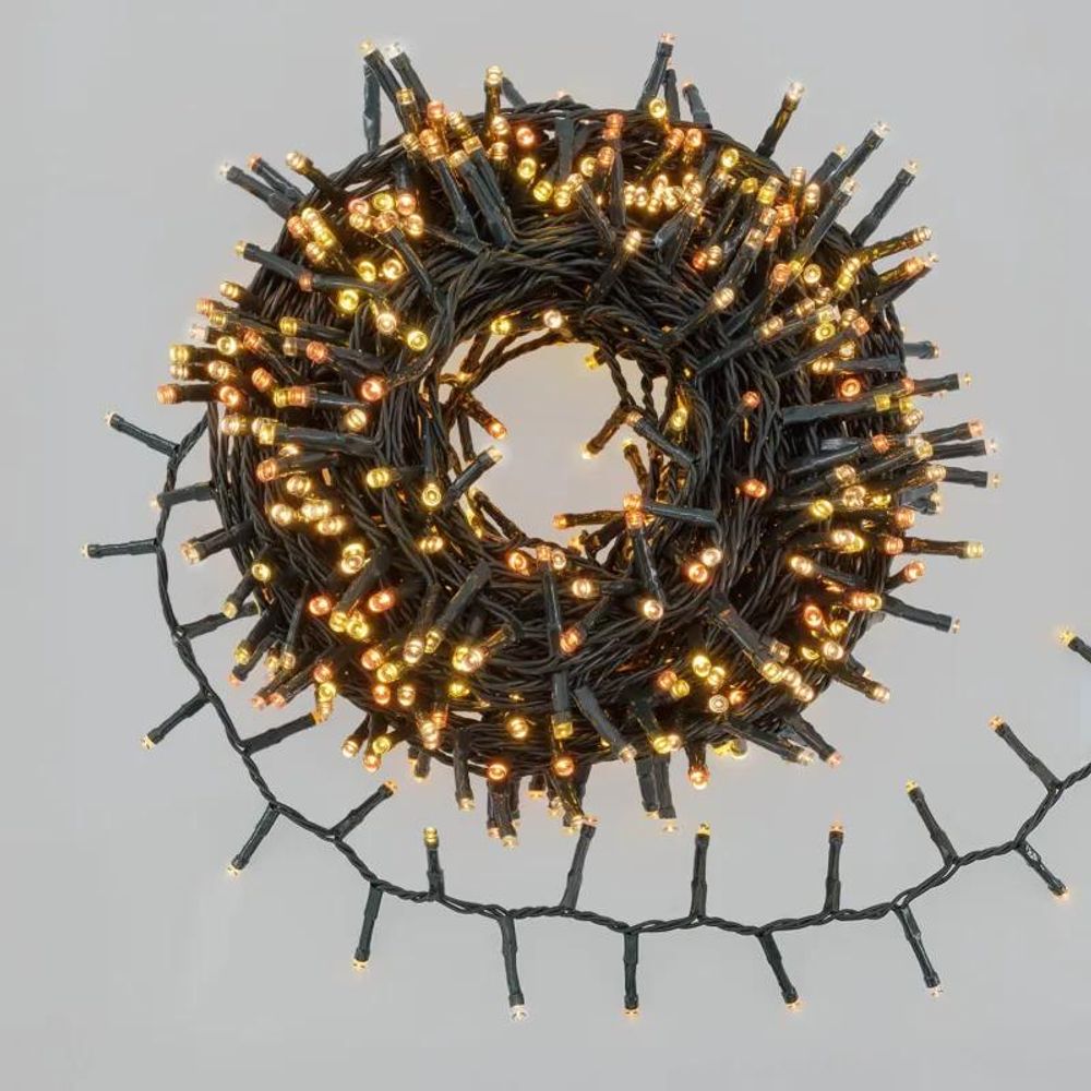 Guirlande compacte boa 20,5m 1000 led blanc chaud & ambré, câble vert, minuterie extérieur lotti