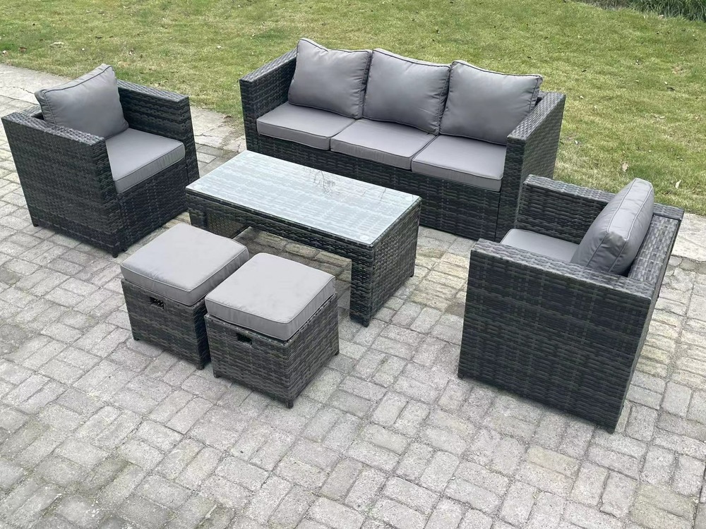 Meubles de jardin pe rotin ave canapé table basse 2 chaise 2 tabourets mélange gris foncé