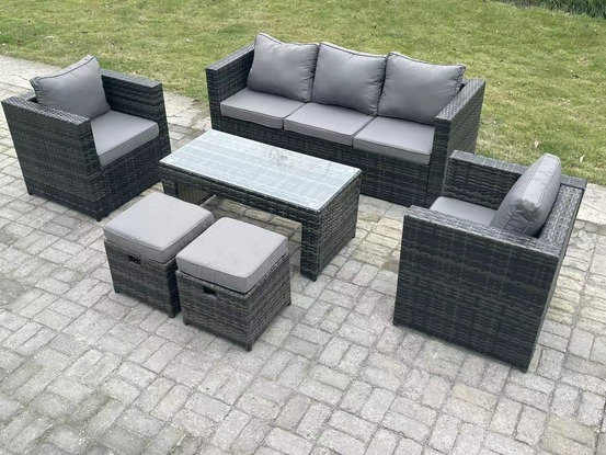 Meubles de jardin pe rotin ave canapé table basse 2 chaise 2 tabourets mélange gris foncé