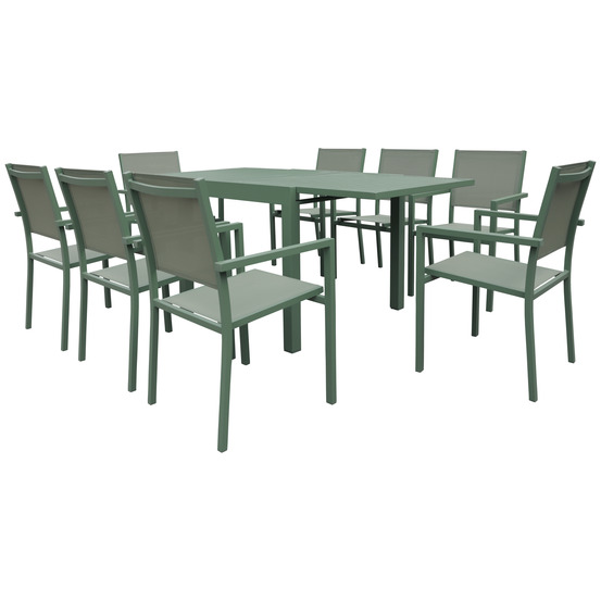 Salon de jardin venezia extensible 8 pl. Textilène et alu vert sauge