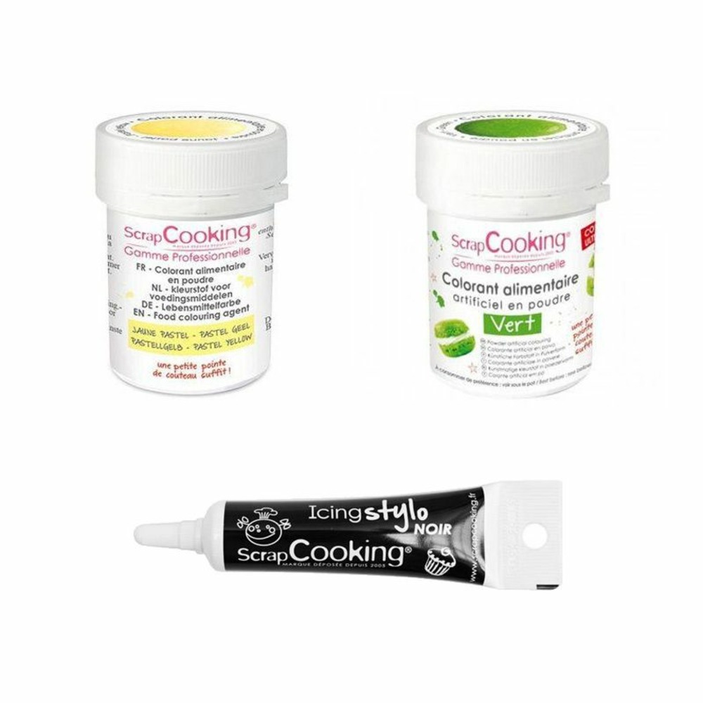 2 colorants alimentaires vert-jaune pastel + stylo glaçage noir