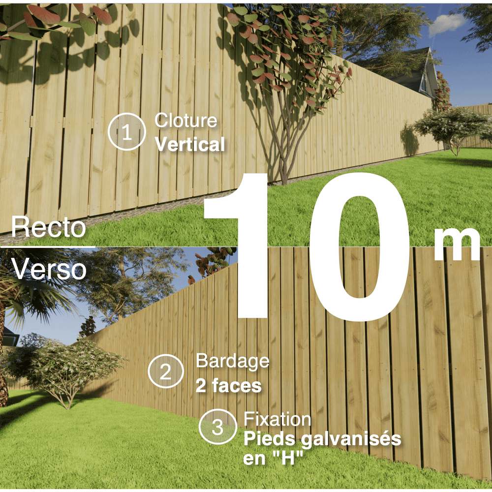 Kit clôture bois moderne 10m – h 1,9m – 21 x 145 mm autoclave vert – pose vertical – double face – support galva