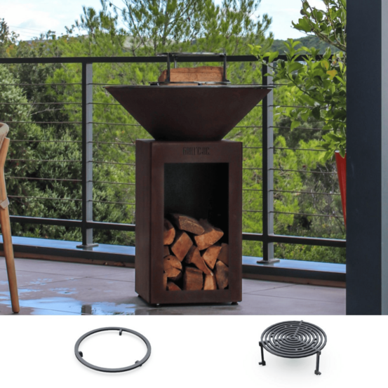 Set brasero découverte - auvergnat simple cuve corten - brasero avec rangement bois - rond - un design élégant et pratique pour un