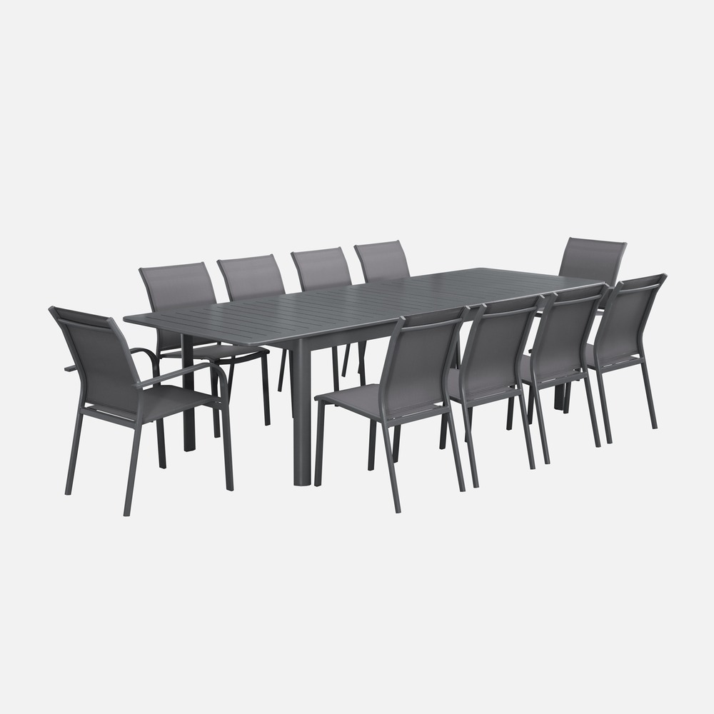 Table de jardin extensible aluminium et textilène, 8 chaises, 2 fauteuils, 10 places, 290 x 100 x 75 cm