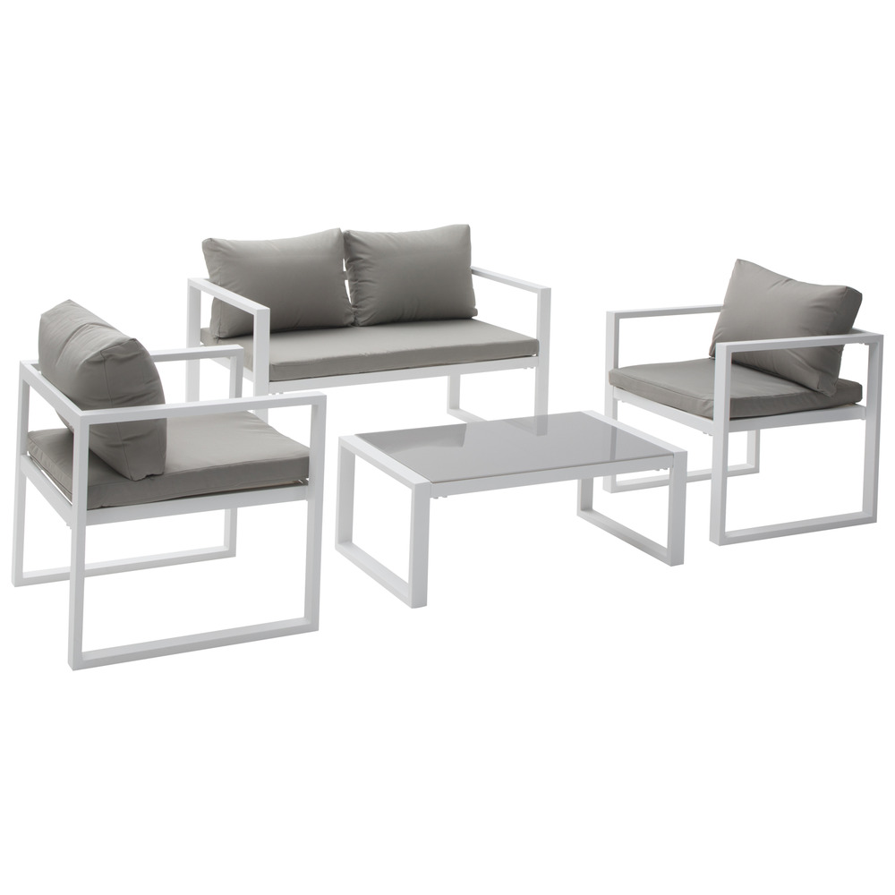 Salon de jardin ibiza en tissu gris 4 places - aluminium blanc