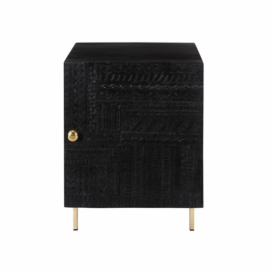 Chimane-chevet 1 porte en bois gravé noir et métal doré