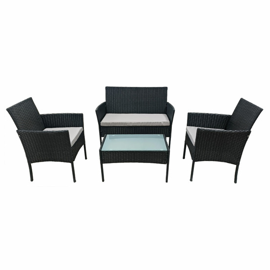 Salon de jardin corfou en résine tressée noire 4 places - coussins gris