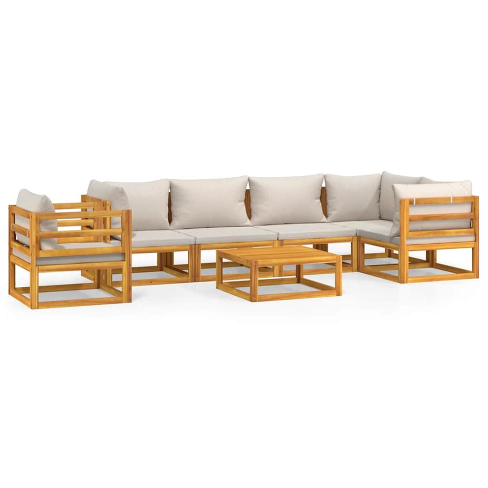 Salon de jardin 7 pcs avec coussins gris clair bois massif