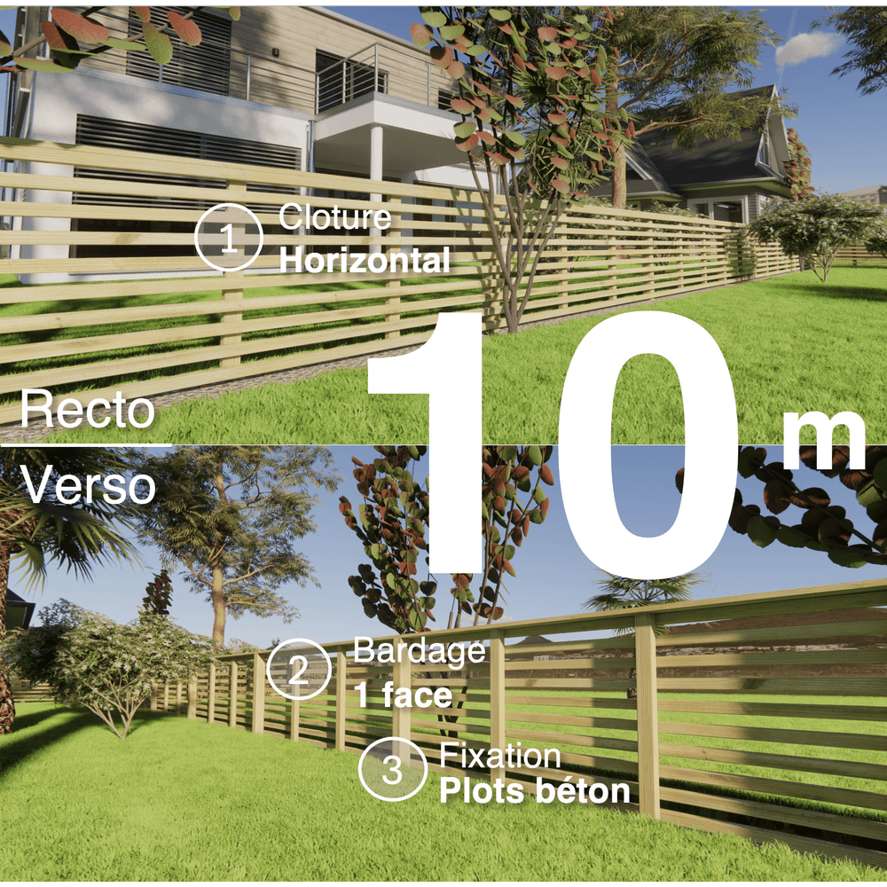 Kit clôture bois moderne 10m – h 0,9m – 45 x 45 mm autoclave – pose horizontal – simple face – à sceller