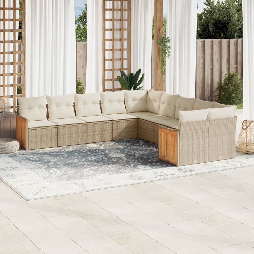 Salon de jardin avec coussins 10 pcs beige résine tressée