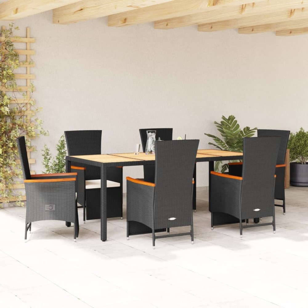 Ensemble à manger de jardin coussins 7pcs noir résine tressée