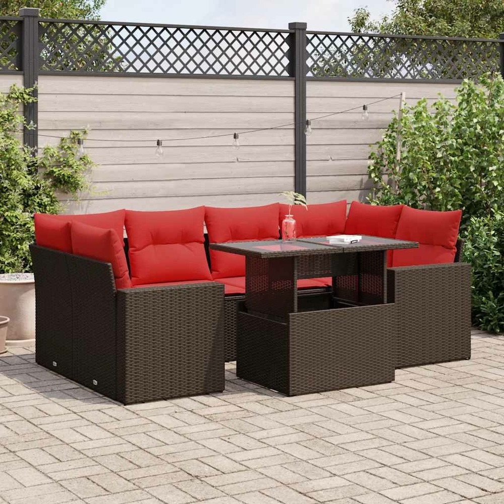 Salon de jardin avec coussins 7pcs marron résine tressée acacia