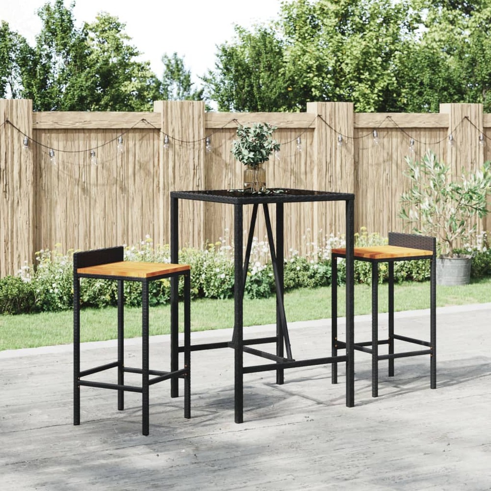 Ensemble de bar jardin 3 pcs noir poly rotin/bois massif acacia