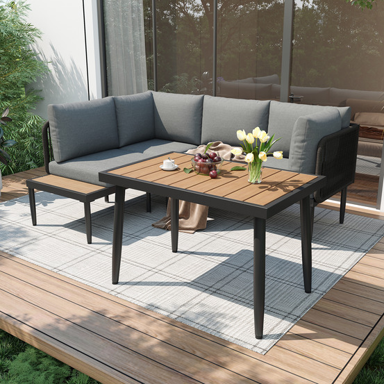 Ensemble à manger de jardin d’angle : canapé d’angle + table, acier galvanisé, plateau bois-plastique, gris