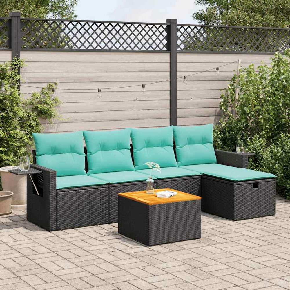 Salon de jardin 6 pcs avec coussins noir résine tressée