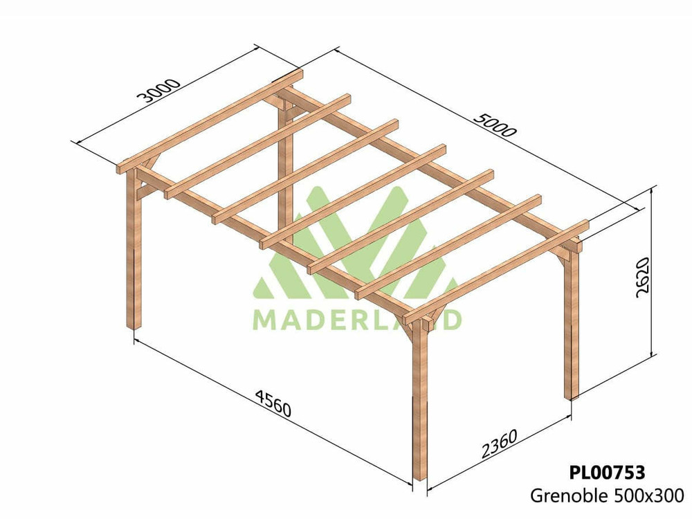 Pergola en bois lamellé-collé grenoble 500 x 300 cm + 4 supports poteaux